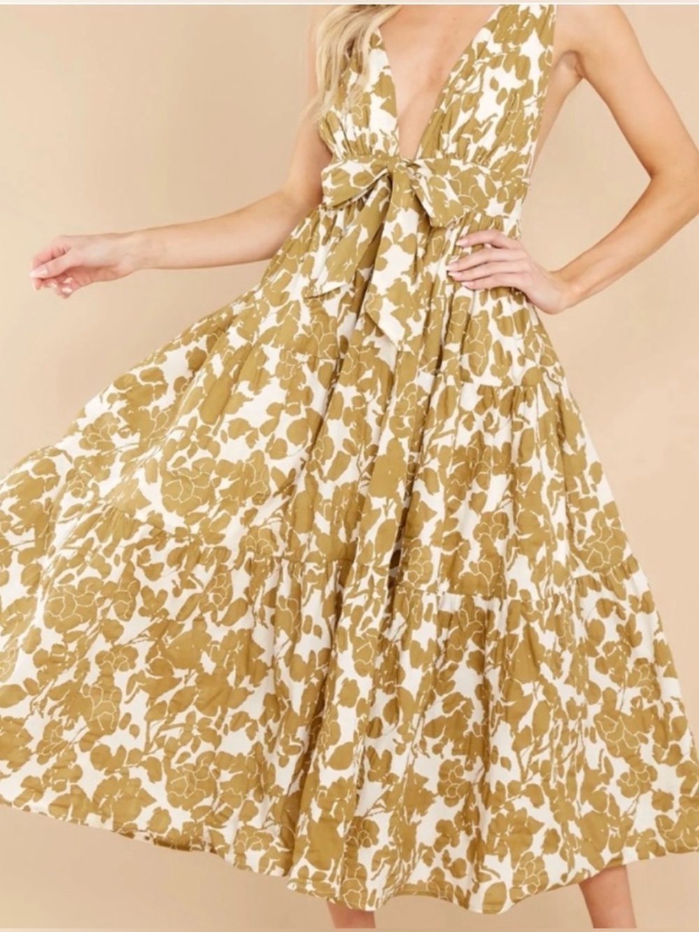 Aakaa ivory green floral tiered midi strap dress flowy boho preppy garden party